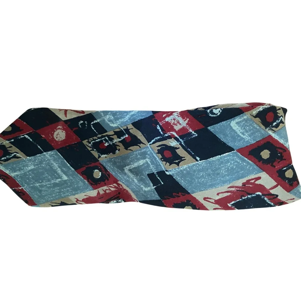 Gianfranco Ruffini Mens Silk Tie Geometric Abstract Navy Blue‎ Red Made in USA